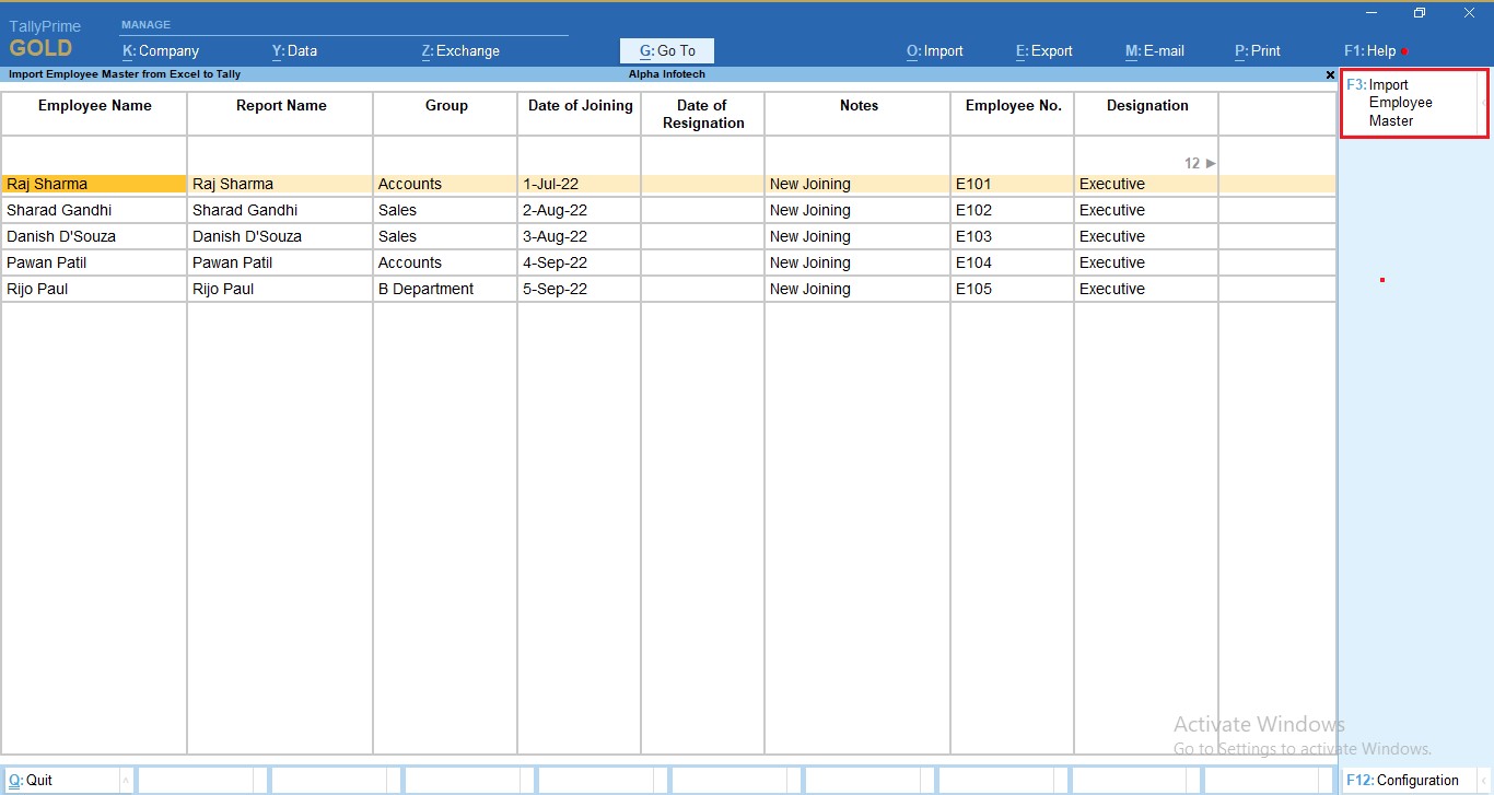 Import Employee Master Details from Excel to Tally